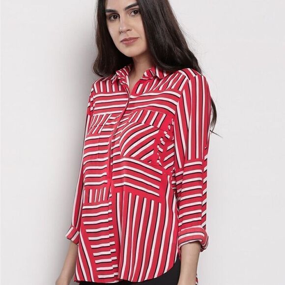 DOROTHY PERKINS Women Red Striped Shirt Style Top size 12 - Picture 1 of 14